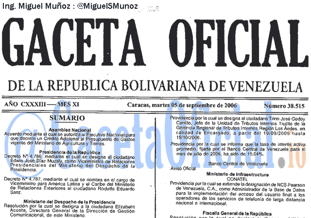Gaceta Oficial 38515 del 5 Septiembre 2006