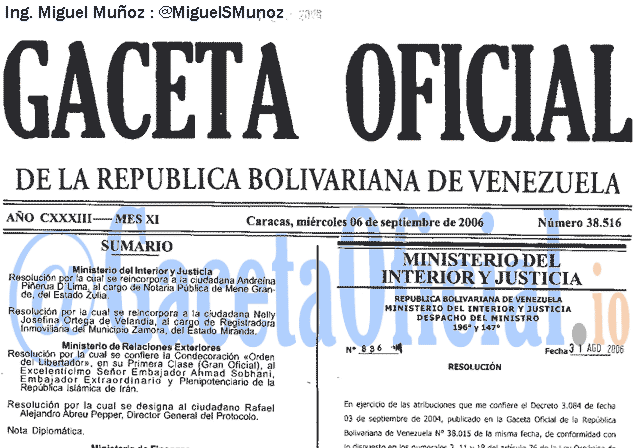 Gaceta Oficial 38516 del 6 Septiembre 2006