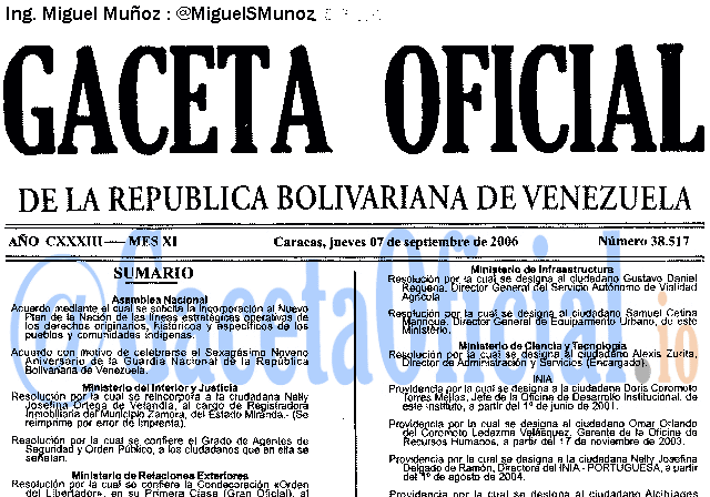 Gaceta Oficial 38517 del 7 Septiembre 2006