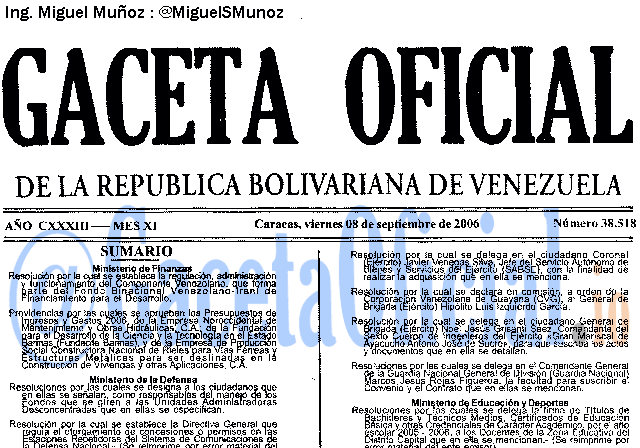 Gaceta Oficial 38518 del 8 Septiembre 2006