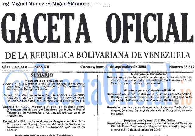 Gaceta Oficial 38519 del 11 Septiembre 2006