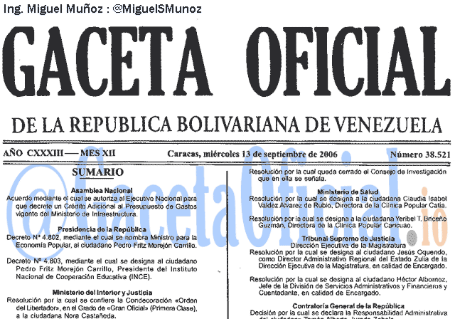 Gaceta Oficial 38521 del 13 Septiembre 2006