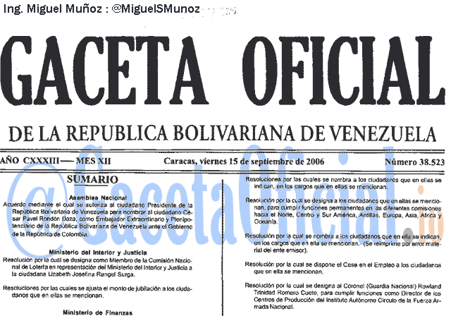 Gaceta Oficial 38523 del 15 Septiembre 2006