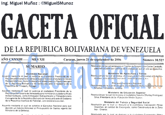 Gaceta Oficial 38527 del 21 Septiembre 2006
