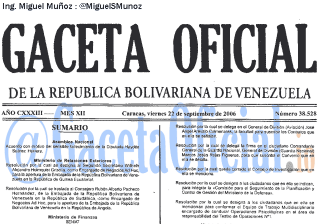 Gaceta Oficial 38528 del 22 Septiembre 2006