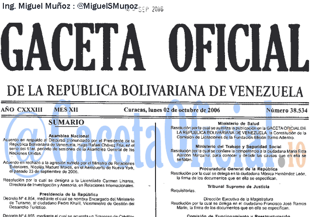 Gaceta Oficial 38534 del 2 Octubre 2006