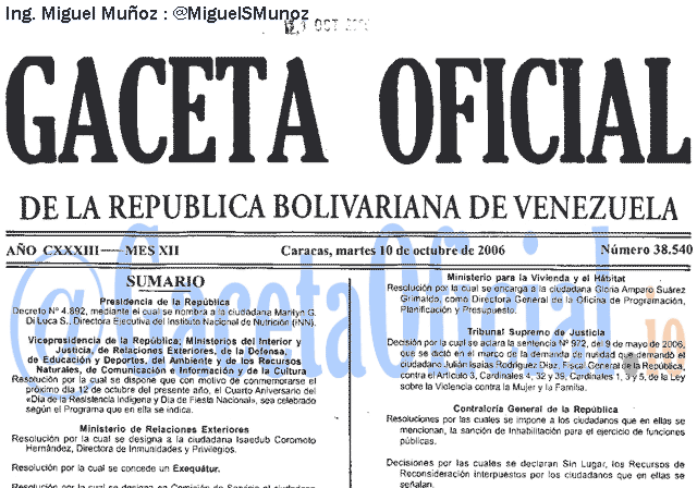 Gaceta Oficial 38540 del 10 Octubre 2006