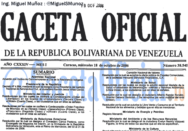 Gaceta Oficial 38545 del 18 Octubre 2006