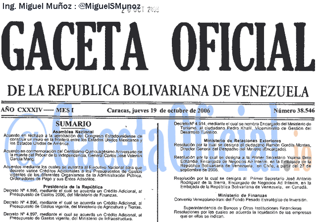 Gaceta Oficial 38546 del 19 Octubre 2006