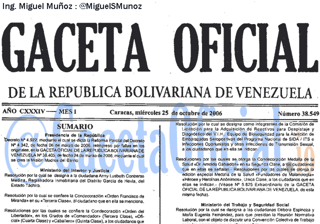 Gaceta Oficial 38549 del 25 Octubre 2006