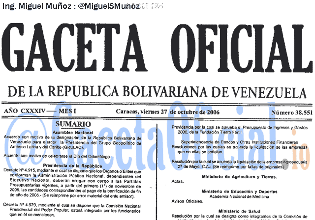 Gaceta Oficial 38551 del 27 Octubre 2006
