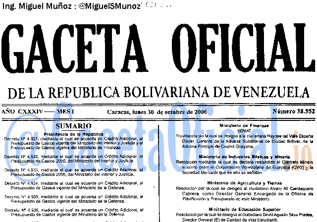 Gaceta Oficial 38552 del 30 Octubre 2006