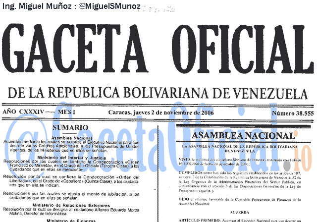 Gaceta Oficial 38555 del 2 Noviembre 2006