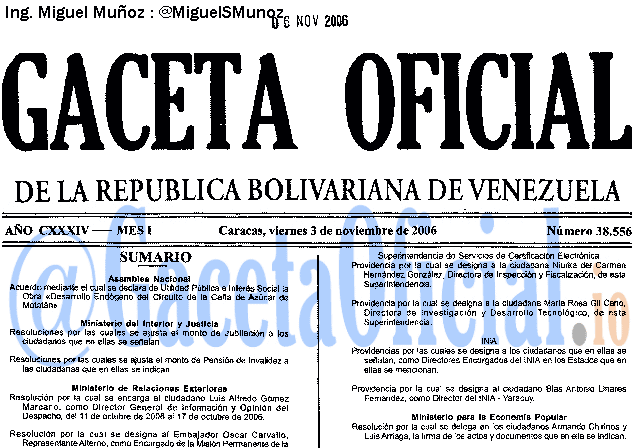 Gaceta Oficial 38556 del 3 Noviembre 2006