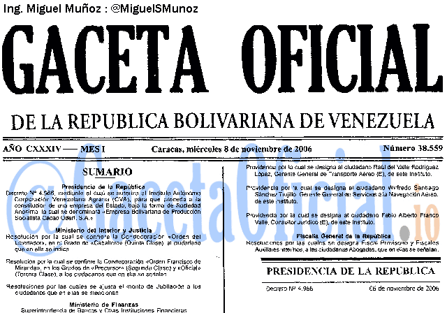 Gaceta Oficial 38559 del 8 Noviembre 2006