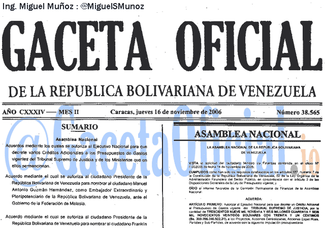 Gaceta Oficial 38565 del 16 Noviembre 2006