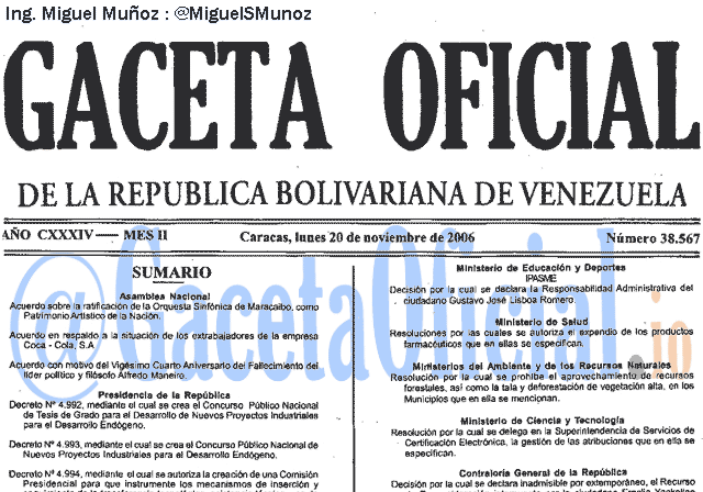 Gaceta Oficial 38567 del 20 Noviembre 2006
