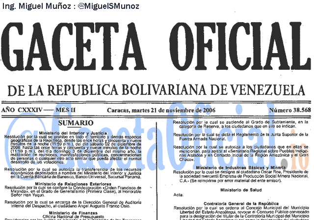Gaceta Oficial 38568 del 21 Noviembre 2006