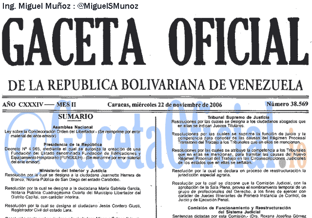 Gaceta Oficial 38569 del 22 Noviembre 2006