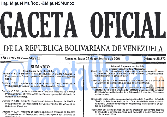 Gaceta Oficial 38572 del 27 Noviembre 2006