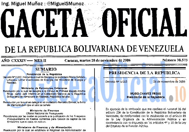 Gaceta Oficial 38573 del 28 Noviembre 2006
