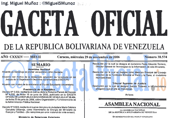 Gaceta Oficial 38574 del 29 Noviembre 2006