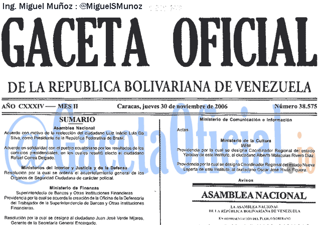Gaceta Oficial 38575 del 30 Noviembre 2006