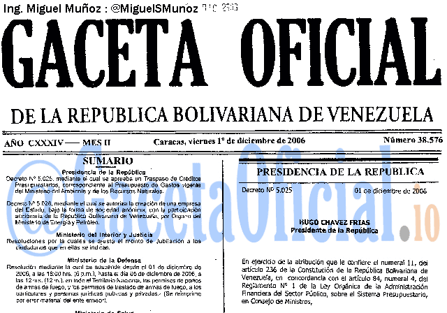 Gaceta Oficial 38576 del 1 Diciembre 2006