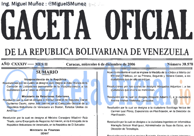 Gaceta Oficial 38578 del 6 Diciembre 2006