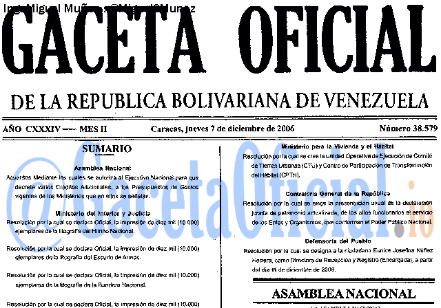 Gaceta Oficial 38579 del 7 Diciembre 2006