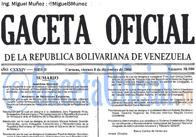 Gaceta Oficial 38580 del 8 Diciembre 2006