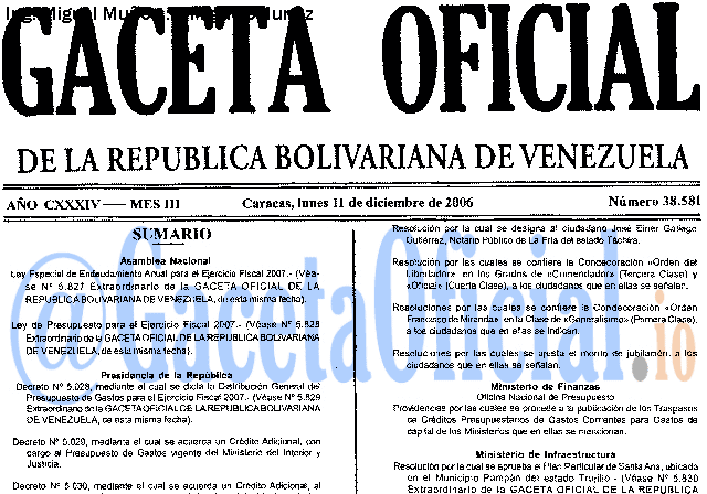 Gaceta Oficial 38581 del 11 Diciembre 2006
