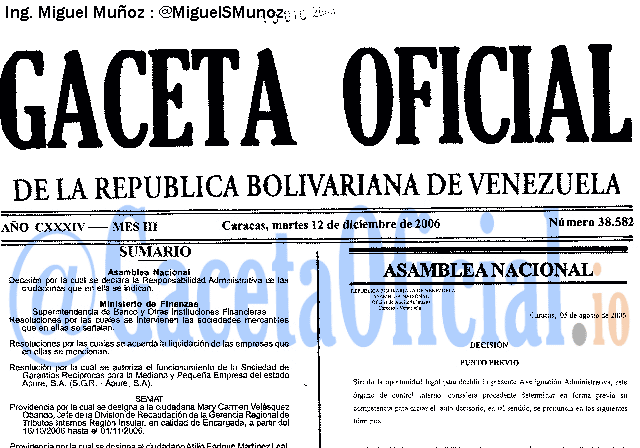 Gaceta Oficial 38582 del 12 Diciembre 2006