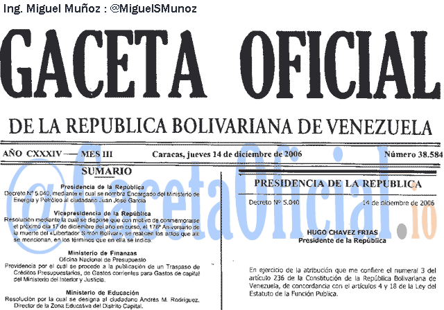 Gaceta Oficial 38584 del 14 Diciembre 2006