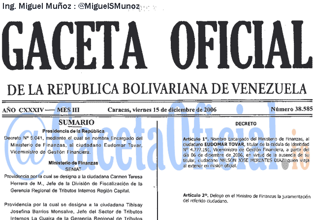 Gaceta Oficial 38585 del 15 Diciembre 2006