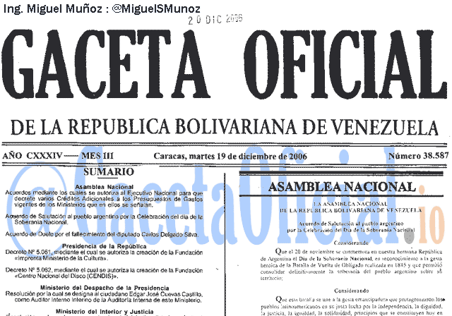 Gaceta Oficial 38587 del 19 Diciembre 2006