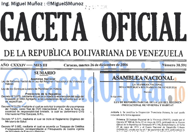 Gaceta Oficial 38591 del 26 Diciembre 2006