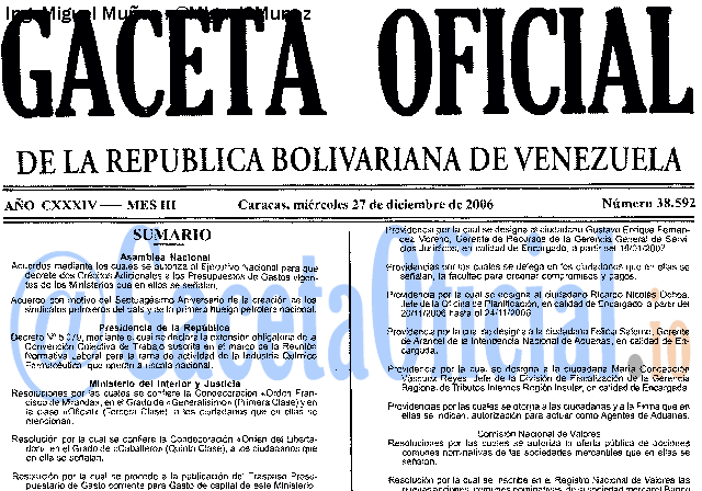 Gaceta Oficial 38592 del 27 Diciembre 2006