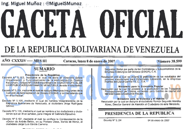 Gaceta Oficial 38599 del 8 Enero 2007