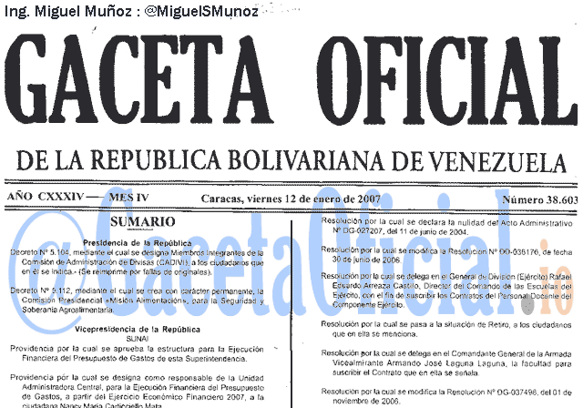 Gaceta Oficial 38603 del 12 Enero 2007