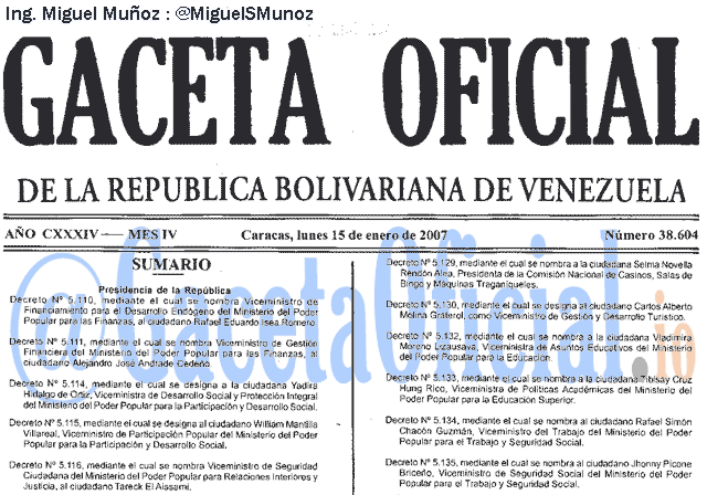 Gaceta Oficial 38604 del 15 Enero 2007
