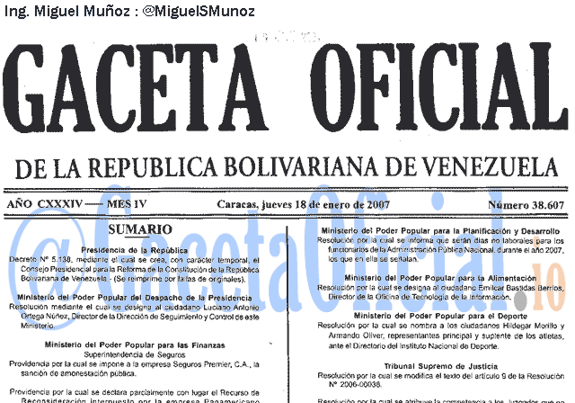 Gaceta Oficial 38607 del 18 Enero 2007