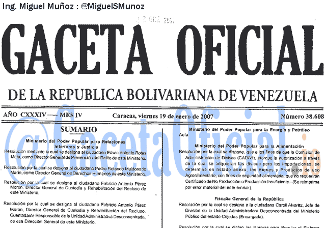 Gaceta Oficial 38608 del 19 Enero 2007