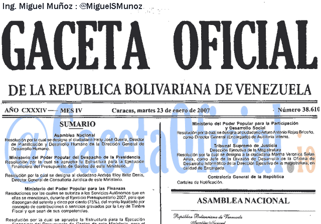 Gaceta Oficial 38610 del 23 Enero 2007