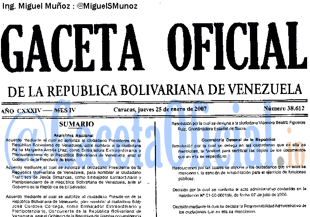 Gaceta Oficial 38612 del 25 Enero 2007