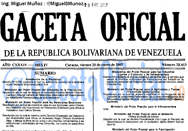 Gaceta Oficial 38613 del 26 Enero 2007