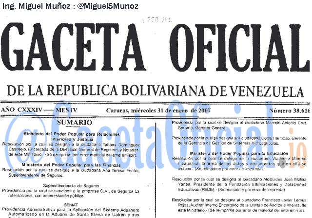 Gaceta Oficial 38616 del 31 Enero 2007