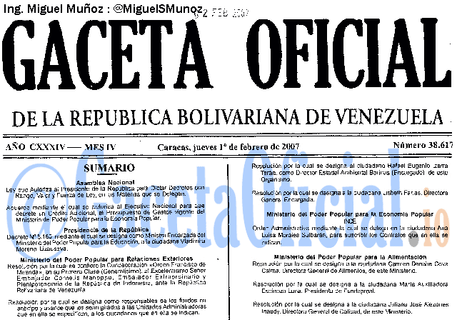 Gaceta Oficial 38617 del 1 Febrero 2007