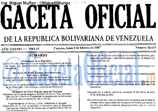 Gaceta Oficial 38619 del 5 Febrero 2007