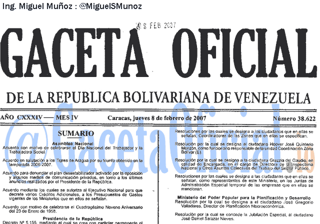 Gaceta Oficial 38622 del 8 Febrero 2007